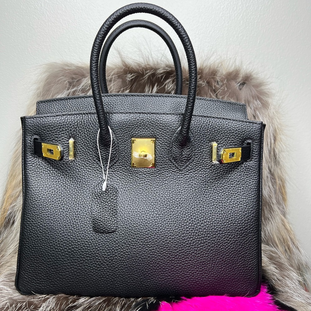 Black Leather Tote Handbag with Gold Hardware